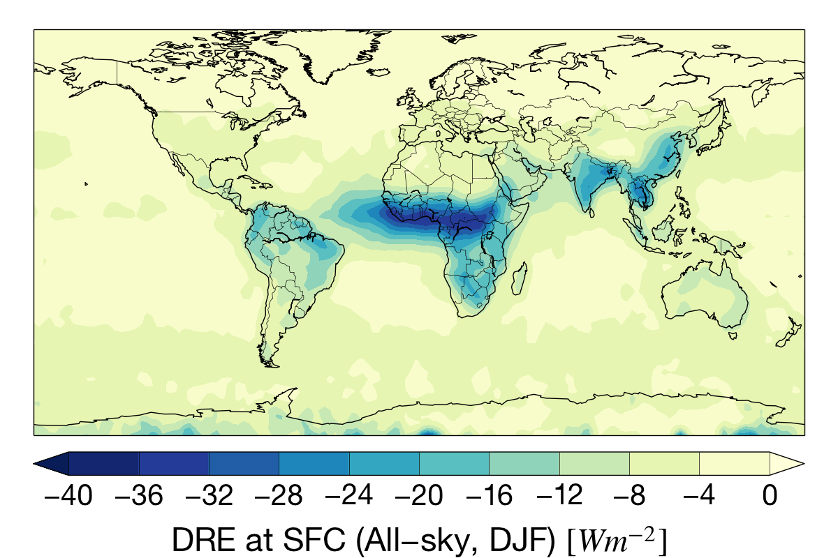 Dec-Feb aerosol direct radiative effect (DRE) at the surface for the CloudSat mission.