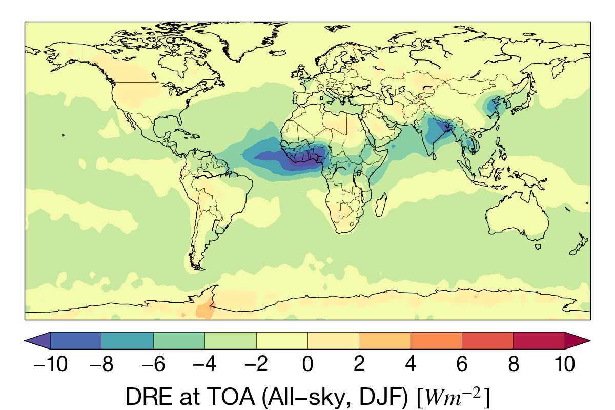 Dec-Feb aerosol direct radiative effect (DRE) at the top-of-atmosphere for the CloudSat mission.