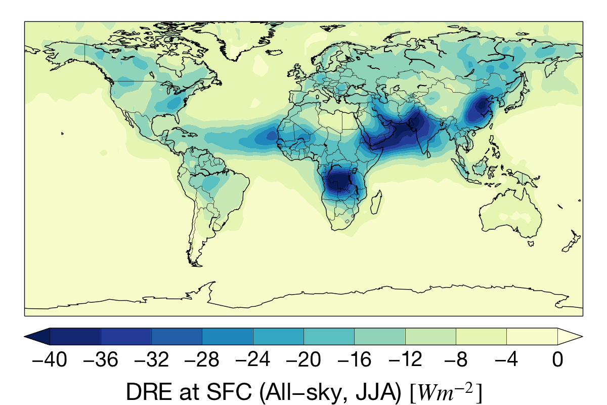 Jun-Aug aerosol direct radiative effect (DRE) at the surface for the CloudSat mission.