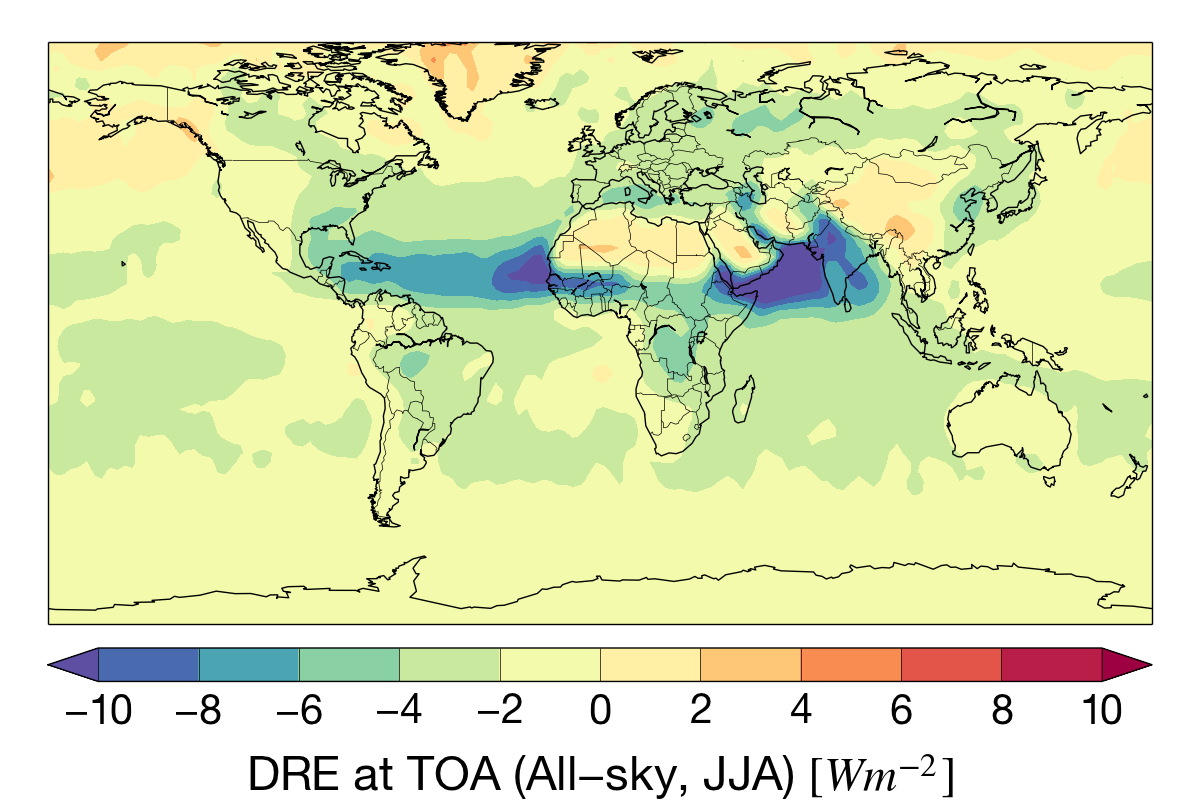 Jun-Aug aerosol direct radiative effect (DRE) at the top-of-atmosphere for the CloudSat mission.
